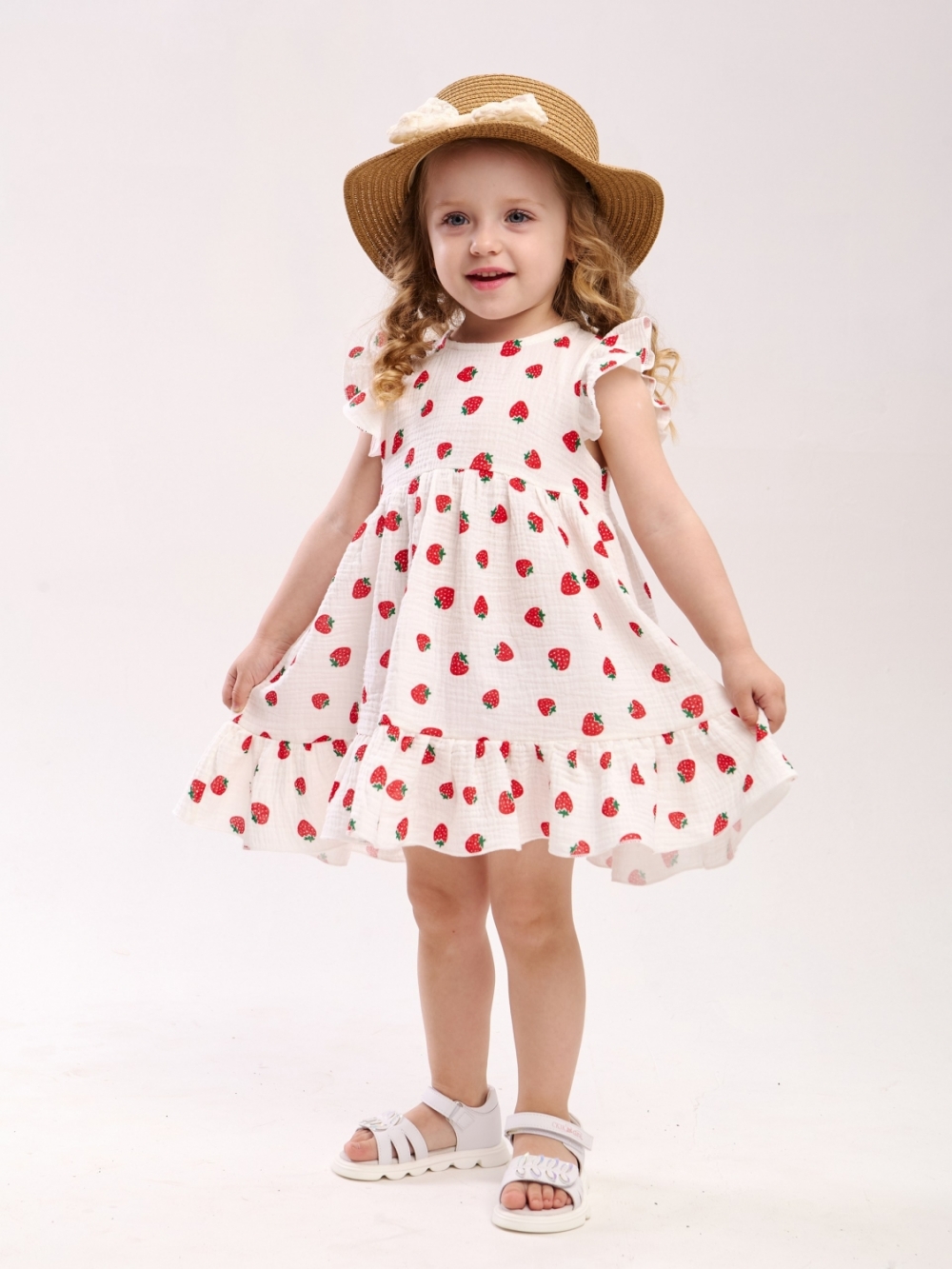 342-КЛ. Платье детское из муслина, хлопок 100%, клубника, р. 74,80,86,92